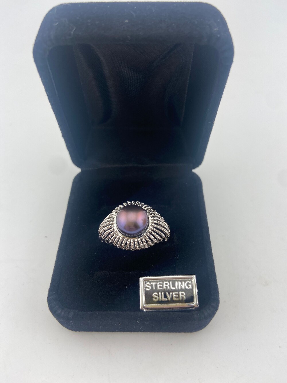 Iridescent Black Cultured Freshwater Pearl Sterling Silver Ring Size 7 Cocktail